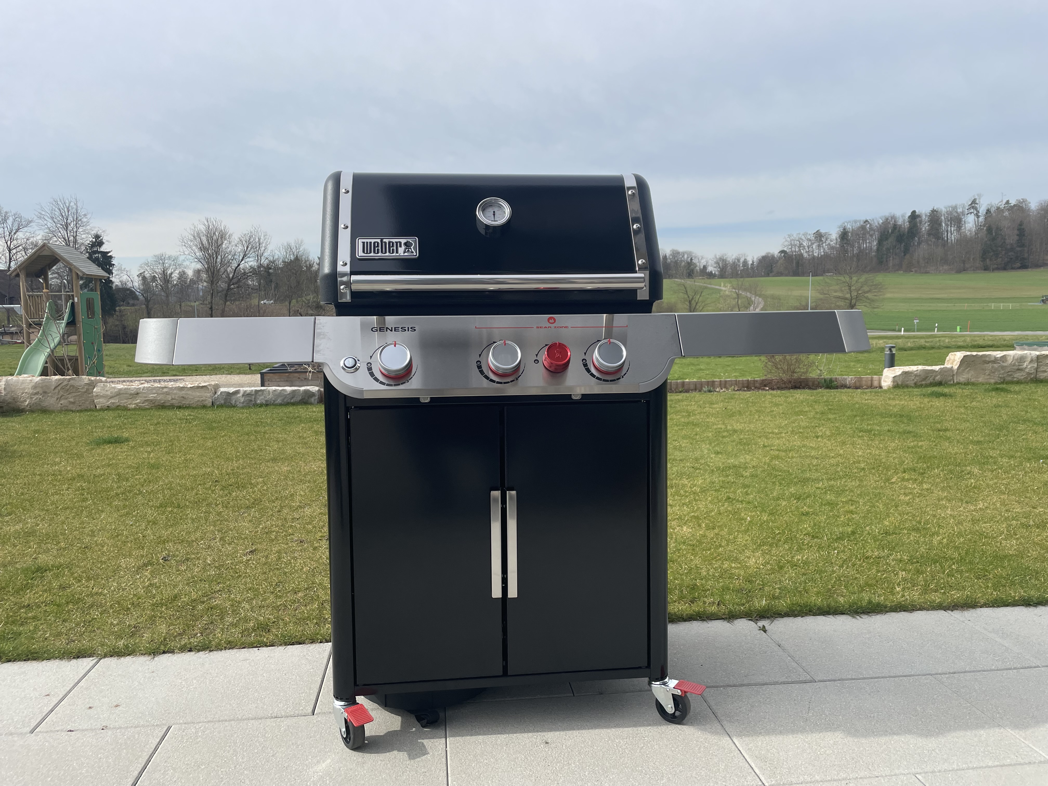 Weber Genesis Gasgrill auf Terrasse, grüner Hintergrund